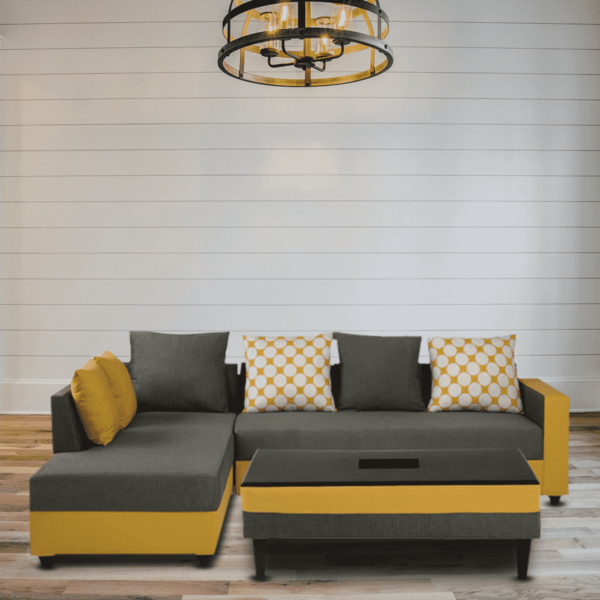 Enabsirb RHS 3 Seater Sofa with Coffee Table in Grey & Yellow Colour by FernInida.com