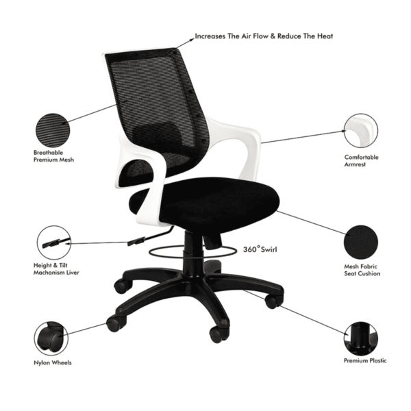 Temoc Ergonomic Chair in Black & White Colour by Fern India