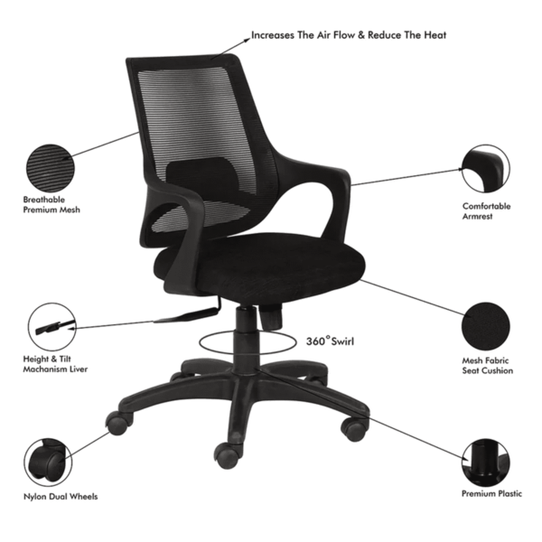 Temoc Ergonomic Chair in Black Colour by Fern India