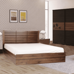 Ustet Queen Size Bed with Storage & Two Bedside Tables in Walnut Finish By Fern India