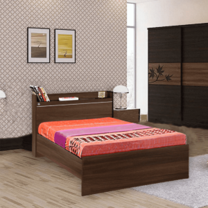 Yrrehc Single Bed with Open Headboard Shelf Storage in Acacia Dark Finish by Fern India