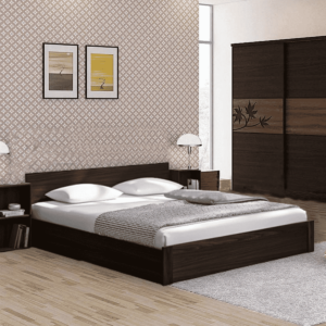 Akime King Size Bed with Storage & Two Bedside Tables in Urban Wallnut Colour By Fern India