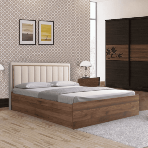 Aole Queen Size Bed with Upholstered Headboard and Storage In Columbia Walnut Finish By Fern India