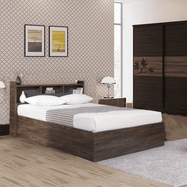 Aknavi Queen Size Bed with Headboard & Box Storage in Natural Walnut Colour By Fern India