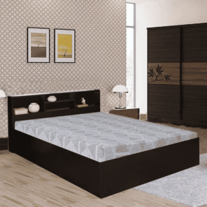 Ihcie Queen Size Bed in Black & Wenge- Light Bali Oak Finish with Box Storage By Fern India