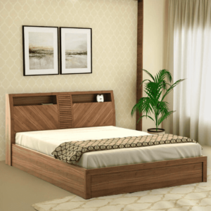 Omsok Monarch Queen Size Bed with Storage in Natural Teak Finish by Fern India