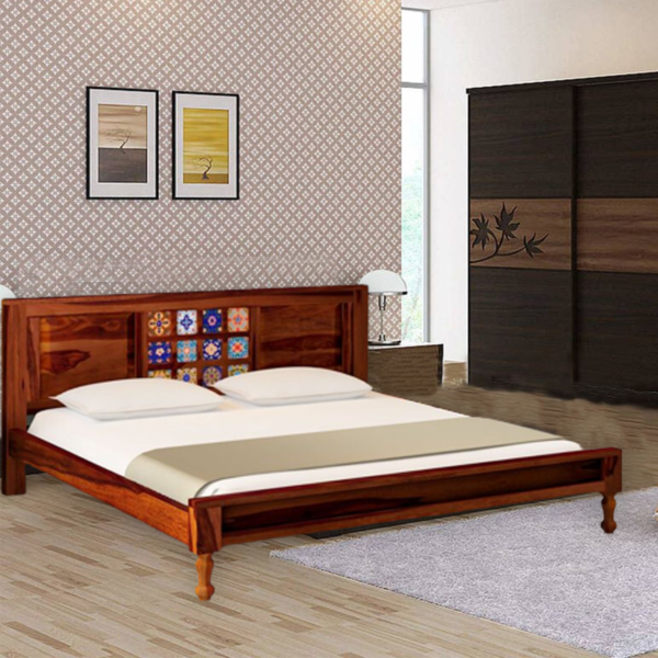 Akimaris Solid Wood King Size Bed In Honey Oak Finish By Fern India