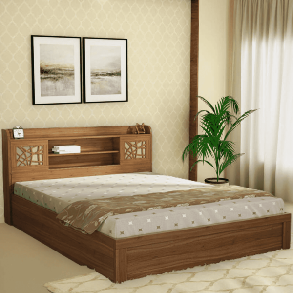 Omsok Rayan Queen Size Bed With Box Storage in Natural Teak Finish by Fern India