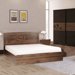 Ihciad Queen Size Bed with Two Bedside Tables in Columbia Walnut Finish by Fern India