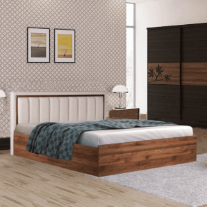 Aole King Size Bed with Upholstered Headboard and Storage In Columbia Walnut Finish By Fern India