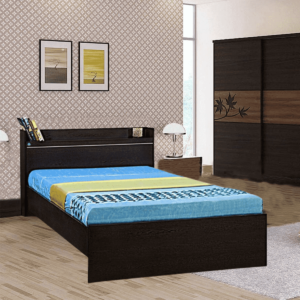 Mulp Single Bed with Open Headboard Shelf Storage in Acacia Dark by Fern India