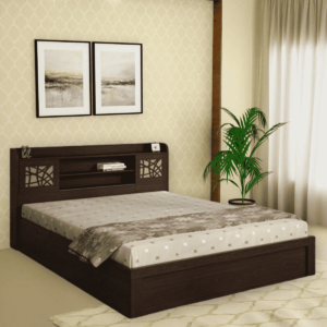 Omsok Mayflower Queen Size Bed With Box Storage in Vermount Woodpore Finish by Fern India