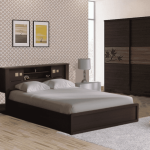 Okimuk Queen Size Bed with Headboard Storage in Brown & Sonoma Oak Finish By Fern India