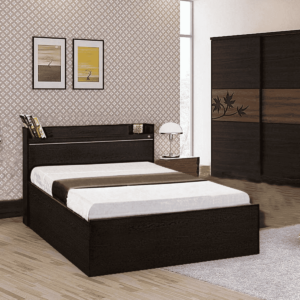 Mulp Single Bed with Open Headboard Shelf & Storage in Flowery Wenge by Fern India