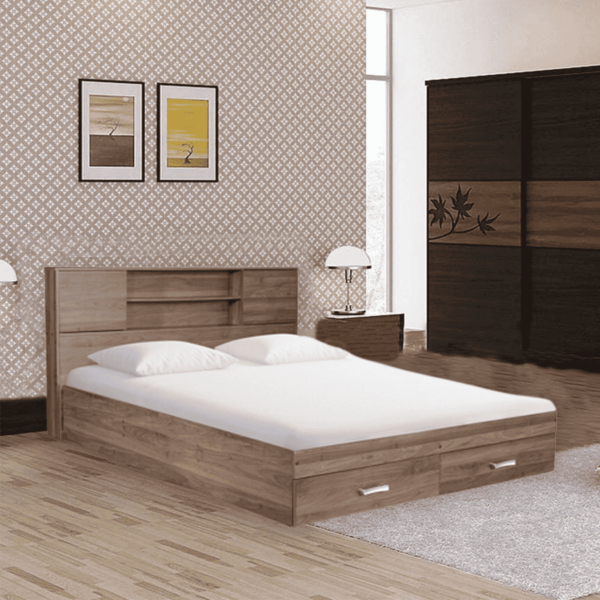 Ihsoh Queen Size Bed with Storage in Walnut Finish by Fern India