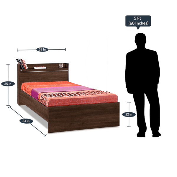 Yrrehc Single Bed with Open Headboard Shelf Storage in Acacia Dark Finish by Fern India