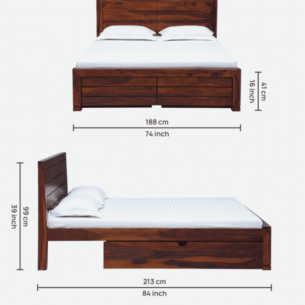 Ruges Solid Wood King Size Bed with Storage in Honey Oak Finish By Fern India