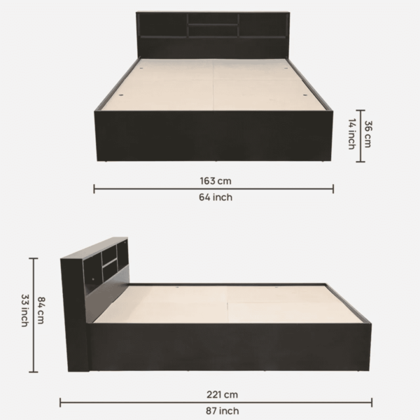 Ihcie Queen Size Bed in Black & Wenge- Light Bali Oak Finish with Box Storage By Fern India