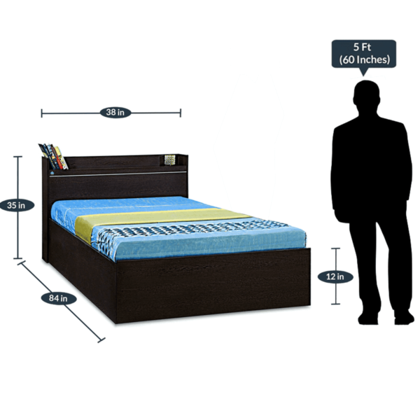 Mulp Single Bed with Open Headboard Shelf & Storage in Flowery Wenge by Fern India