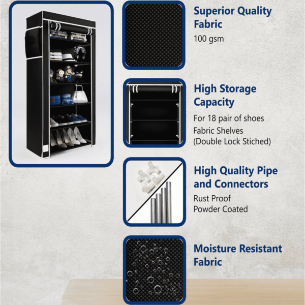 Enipla Shoe Rack with 6 Shelves & Cover in Black Colour by Fern India