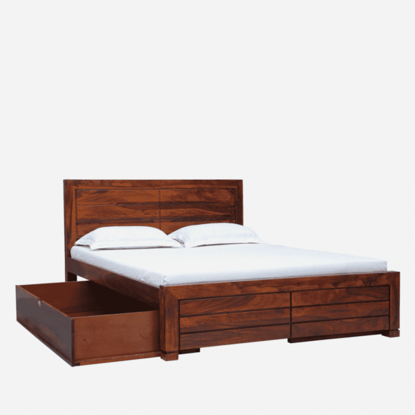 Ruges Solid Wood King Size Bed with Storage in Honey Oak Finish By Fern India